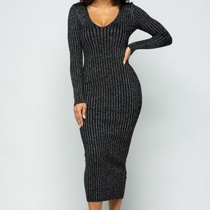Black and silver knit ribbed midi bodycon dress